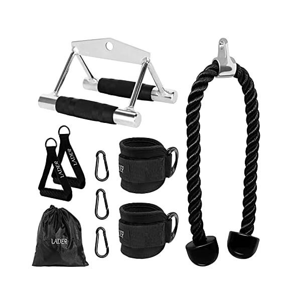 LADER Cable Machine Attachments LAT Pulldown Accessories - V-Shaped Handle + Triceps Rope Pull Down Attachment + Exercise Handles + Ankle Straps + Carabiner Clips for Home Gym Workout