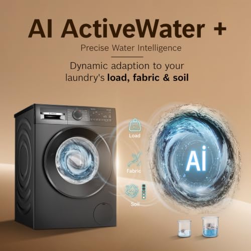Image of Bosch 12 kg (washer), 7 kg (Dryer) 5 Star Front Load Fully Automatic Washer Dryer Machine, AI ActiveWater, Inbuilt heater, 14 Wash Programs, 66L Large Drum, Cast Iron Grey, WNA2740RIN (2026 model)