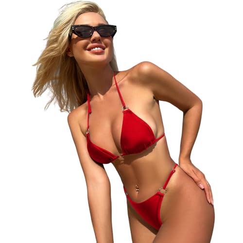Image of MIKETAI Sexy Bikinis for Women 2 Piece Bikini Spaghetti Strap Swimsuits Solid Color Bathing Swimwear Triangle Bathing Suit