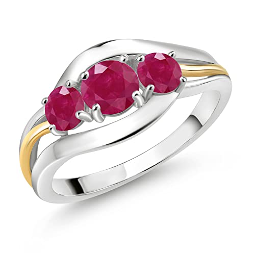 Gem Stone King 1.25 Cttw Round Red Ruby 3-Stone Ring For Women In 925 Sterling Silver and 10K Yellow Gold | 3 Stone Wedding Engagement Anniversary Promise Ring For Women