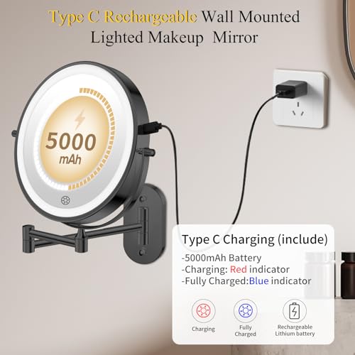 FUNTOUCH 5000mAh Wiederaufladbar Kosmetikspiegel mit Beleuchtetung, 3X 30X Spiegel Vergrößerung Wandmontage, Rasierspiegel mit 3 Lichtfarben, 360° Drehbar für Badezimmer 2
