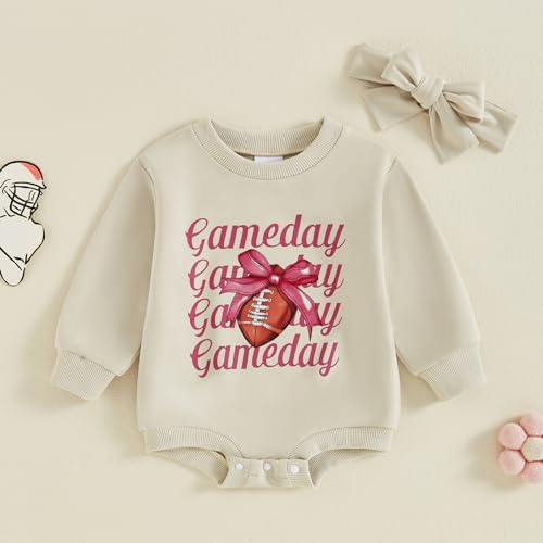 Infant Baby Girl Football Outfits Game Day Print Bubble Oversized Sweatshirt Romper Headband Cute Fall Winter Clothes2