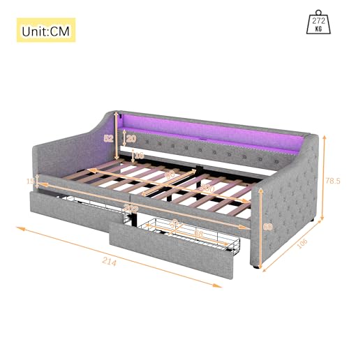 Aoskem Polsterbett Tagesbett Einzelbett 90x200 mit 2 Stauraum Schubladen, Kinderbett LED-Sofabett mit USB-Ladebuchse, Bettgestell mit Lattenrost, Jugendbett Schlafsofa, Ohne Matratze, Leinen (Grau)