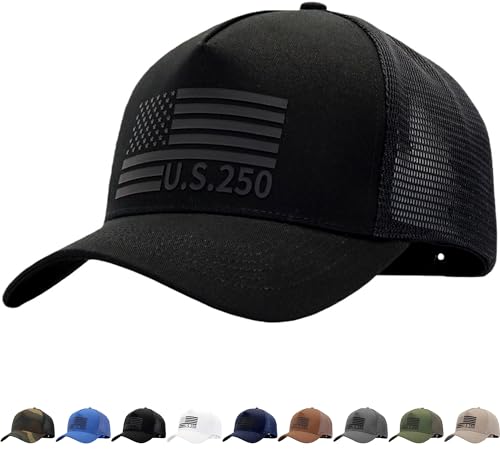Image of USA Flag Snapback Hat Fits One Size&XXL /3XL - Mens Mesh Trucker Ball Hats - US 250th Anniversary Veterans Memorial Day Gifts