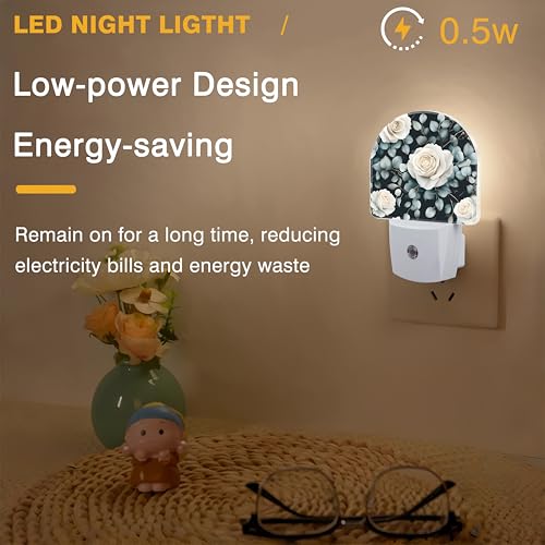 Image of Night Light, Vintage White Rose Flower Night Lights Plug into Wall Dusk to Dawn Sensor Round Nightlight for Women Men Energy Efficient Led Lamp 0.5W for Stairway Hallway Bedroom