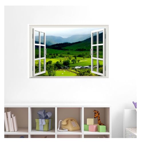 Adhesivo decorativo para pared 3D con ventana de visualización de lago y montaña, para decoración del hogar, baño, sala de estar, dormitorio, campo verde