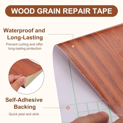 Image of MECCANIXITY Wood Grain Repair Tape, 4 Inch x 16 Feet Self Adhesive Wood Grain Tape Multi-Purpose Wallpaper Border Trim for Furniture Floors Windows Doors Tables Home, Red Oak