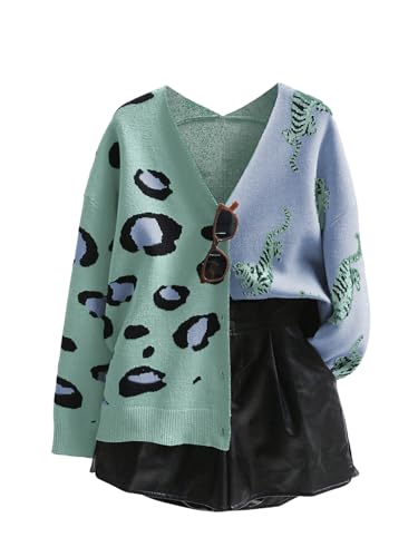 Image of WDIRARA Women's Leopard Tiger Print Cardigan V Neck Long Sleeve Color Block Button Down Sweater Outwear