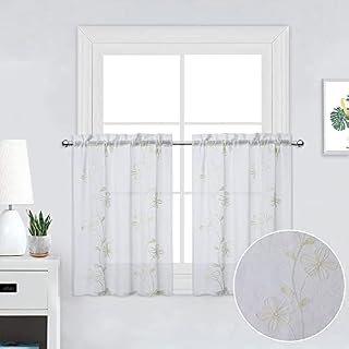 CAROMIO Embroidered Sheer Tier Curtains, Flower Pattern Small Short Window Curtain, Rod Pocket Floral Half Window Voile Kitchen Cafe Curtains, 26" x 24", Brown, Set of 2
