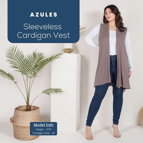 Image of Azules Sleeveless Long Cardigan for Women with Pockets - Lightweight Open Front, Flowy Dressy Layer for Work or Casual Wear