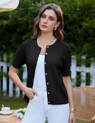 Image of GRACE KARIN Short Sleeve Cardigans Sweater for Women Black Cable Knit Button Up Fall Cardigan Dressy Casual Shrug S