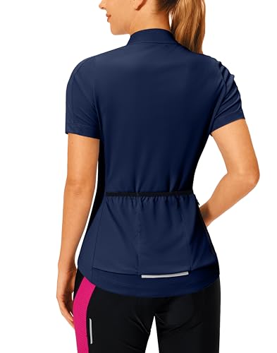 Bikewa Womens Cycling Jersey Short Sleeve Bike Shirts Full Zipper Bicycle Biking Tops with Rear 3+1 Pockets Road Mountain Riding(Navy S)
