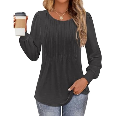 UEU Women's Puff Long Sleeve Tunic Tops Pleated Crew Neck Blouses Dressy Casual Loose 2024 Fall Shirts Heather Black M Cover