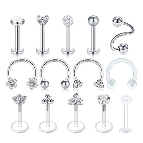 LAURITAMI 16G Cartilage Helix Tragus Stud Earring Twist Spiral Barbell Lip Rings Labret Stud Horseshoe Piercing Twisted Eyebrow Rings Piercing for Women Men Jewelry
