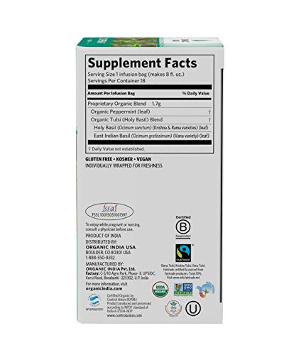 ORGANIC INDIA Tulsi Peppermint Tea - Caffeine Free Herbal Mint Tea - Stress Relieving Holy Basil, Immune Support, Aids Digestion, Vegan, USDA Certified Organic, Fairtrade - 18 Infusion Bags, 6 Pack