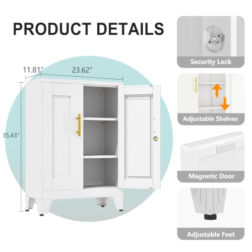 Image of pozdeg 35.43 inch Lockable Metal Storage Cabinet, Steel Office File Cabinet | Garage Tool Cabinet with 2 Adjustable Shelves, Freestanding Multi‑Purpose Cabinet for Home, Office & Garage, White