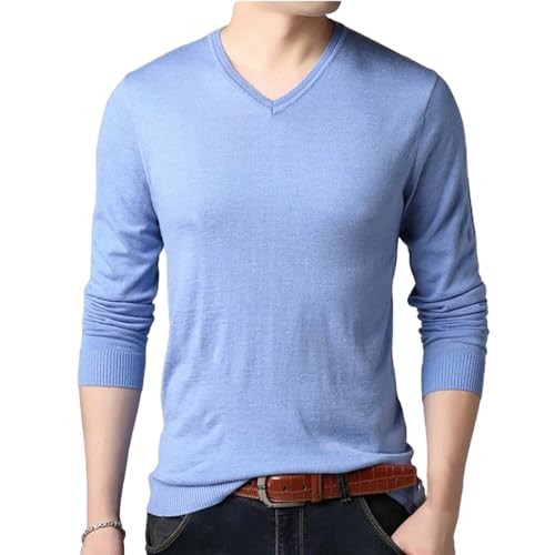 Mens Long Sleeves Wool Sweater Knit Pullover V Neck Slim Fit Lightweight Soft Jumper Top