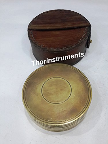Brújula decorativa de latón antiguo con estuche de cuero rojo miniatura 1