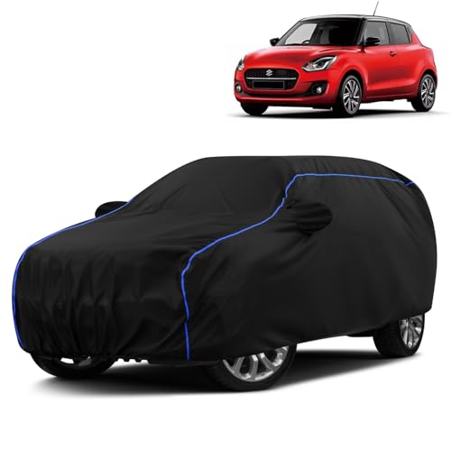 Image of Water-Resistant Dustproof Car Cover for Maruti Swift VXI - Mirror Pocket, UV Protection, Scratch Guard, Buckle Belt, Front & Back Bottom Elastic with Blue Piping - Black