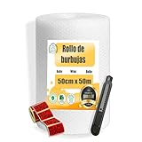 MARCPRINT Rollo Burbuja Embalaje con Cutter y Pegatinas de Fragil – Papel Burbuja para Mudanzas y Envíos – Plástico de Burbujas Protector Antigolpes (50cm (A) x 50m (L))
