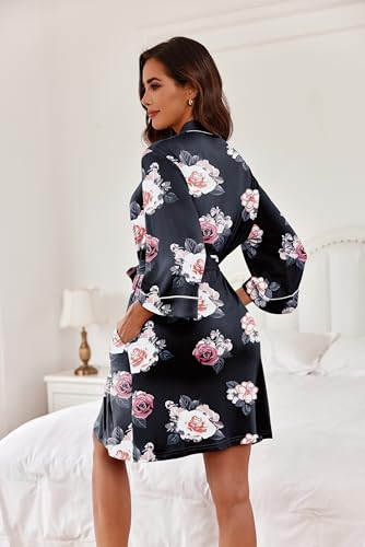 Image of Ekouaer Women Kimono Robes Knee Length Knit Bathrobe Lightweight Soft Sleepwear V-neck Casual Ladies Loungewear