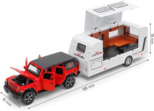 Image of 1:32 Wrangler Rubicon with Trailer - Red Alloy Diecast Pullback Metal Car Toy with Sound Light & Opening Doors - Best Gift Toy for Kids