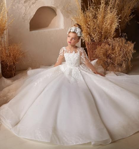Long Sleeves Flower Girl Dresses for Wedding Tulle Appliques First Communion Dress Sweep Train2