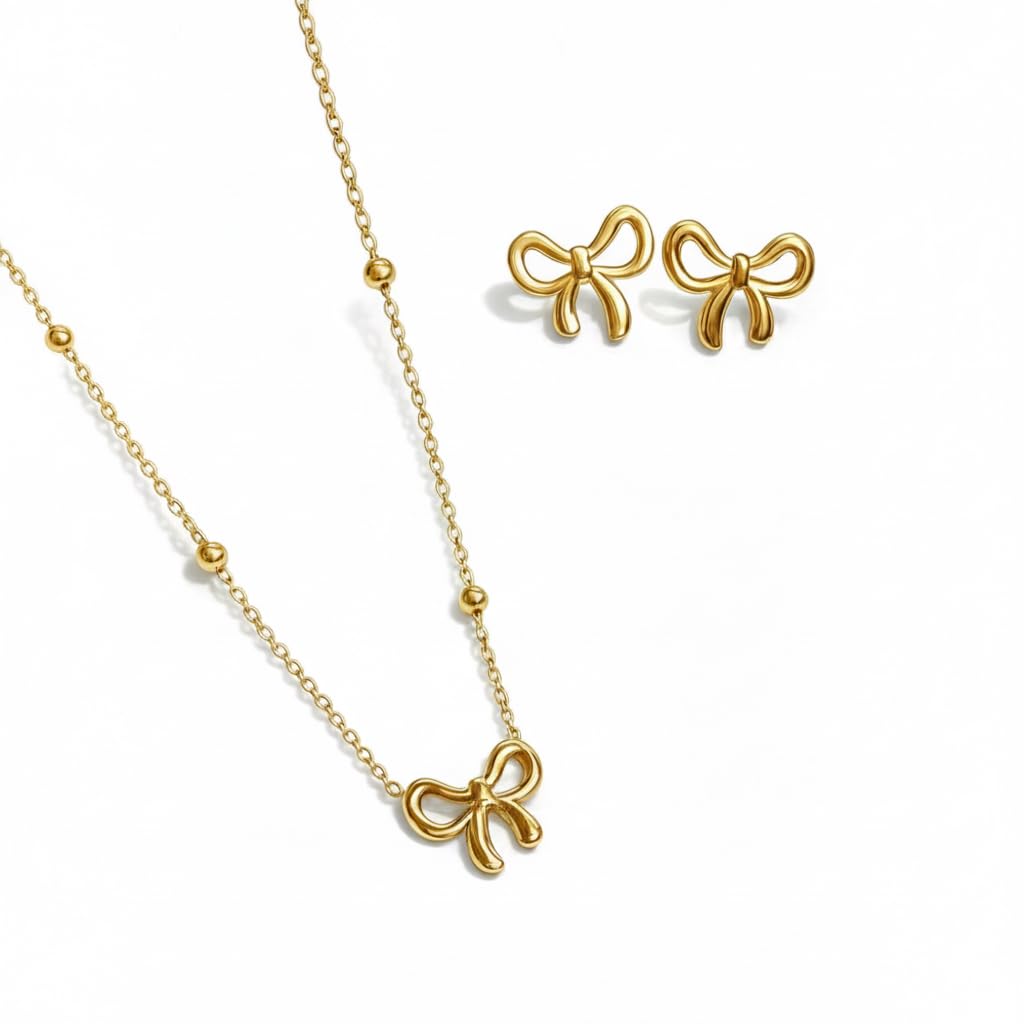ELARVIA - Gold Plated Bow Jewelry Set for Women & Girls | Anti-Tarnish Pendant Necklace with Matching Stud Earrings | Cute Minimal Dainty Set | Everyday Fashion Jewelry Gift | Trendy Elegant Gold Set | Stylish Trendy Jewelry for Daily Party, Office, Festive & Gifting-image-17
