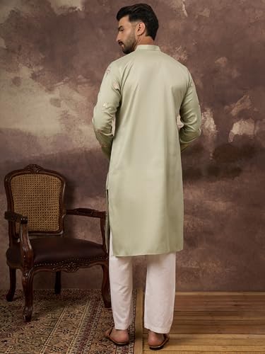 Image of Men's Calf Length Silk Blend Embroidered Solid Kurtas | Men | Kurtas for Mens | Straight Fit Kurta for Men's