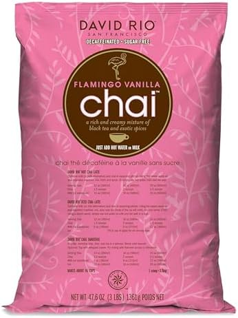 Flamingo Vanilla Decaffeinated Reduced Calorie Chai Tea Latte Mix, 48 Oz, Decaf Black Tea, Organic Spices, Sugar Free, Dairy Free, Serve Hot or Cold, Just Add Water or Milk, 56 Servings