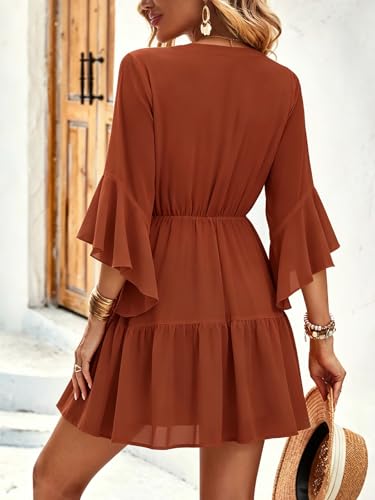 Image of Womens Spring Summer Mini Dress Western Ruffled Sleeve Chiffon V Neck Flowy A Line Short Wedding Guest Party Dresses
