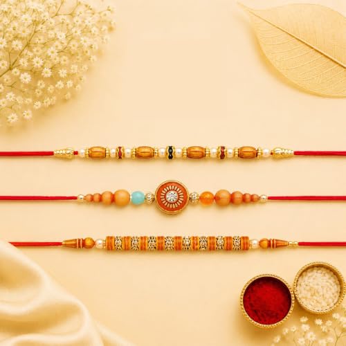 Image of Maalpani Three Fancy Pearl and Bead Rakhi with Celebration Pack | Rakhi Chocolate Hamper For Brother