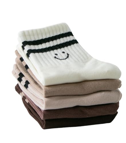 Image of Deeorla Womens Striped Crew Socks Brown Vintage Retro Athletic Socks 5 Pairs