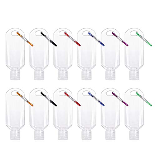12 Pack Travel Plastic Clear Keychain Bottles- 50ml 1.7oz Leakproof Empty Squeeze Bottles with Flip Cap Portable Refillable Containers for Toiletry Shampoo Lotion Soap with Carabine