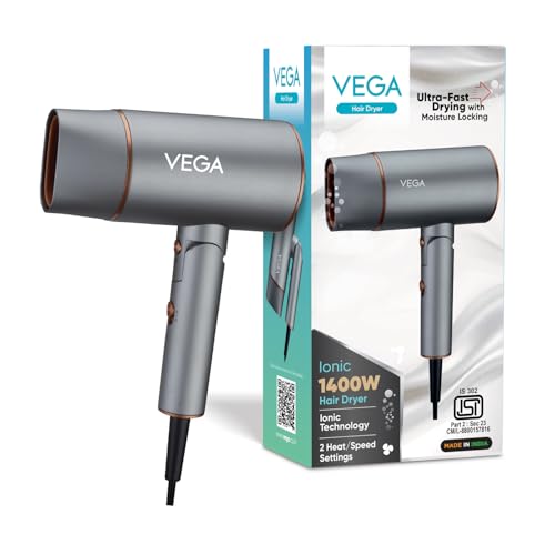 Vega Ionic 1200-1400W for Men & Women with Ionic Technology & Cool Shot Button, 2 Heat/Speed Setting, Faster Drying, Foldable, Professional for Salon & Home (VHDH-28)