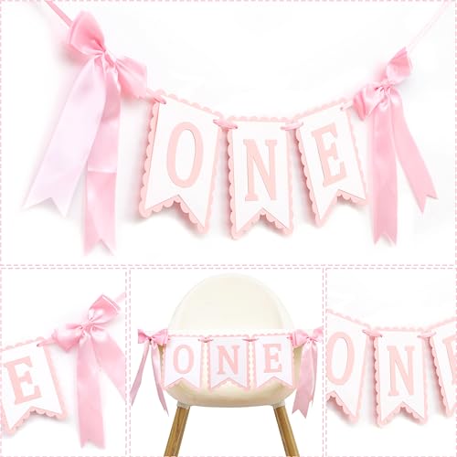 Image of Bow First Birthday High Chair Banner - Pink Bow 1st Party Decoration,Coquette First High Chair Banner,Coquette One Birthday Photo Prop (bow 1st)
