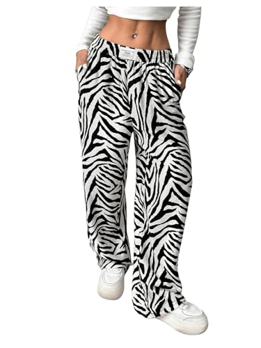 Image of RoseSeek Women's Letter Leopard Print Y2K Straight Elastic Waist Leg Pants | Cheetah Print, Straight, Baggy Loose Fit, Slant Pocket, Streetwear, Vintage, Graphic Trousers
