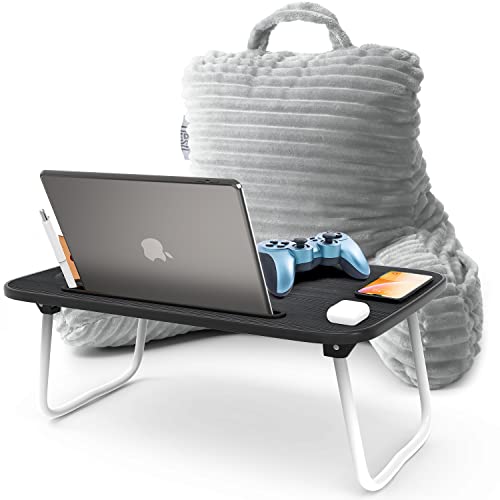 Image of Nestl Light Grey Reading Pillow with Bed Desk for Laptop and Writing, Luxe Cut Plush Back Pillow for Sitting Up, Back and Arms Adjustable Support for Kids and Teens, Foldable Lap Desk for Bed 19x11 inch
