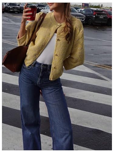 GORGLITTER Women's 3/4 Sleeve Cardigans Tweed Button Up Short Cardigan Sweaters Trendy Fall Outfits 2025 Dressy Casual3