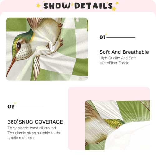 Image of Crib Sheet Breathable Soft Crib Mattress Sheet for Baby Toddler Boys Girls Fitted Crib Sheet Fit Standard Crib Mattress 52 x 28 Inch Checkered Green and White Hummingbirds Daisy