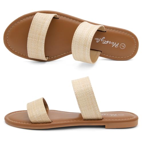 Image of Herstyle Flat Sandals for Women, Double Strap Slide Sandals, Open Toe Slip On, Comfortable Cushioned Footbed Casual Summer Shoes for Daily Wear, Beach, Vacation, Clear Options