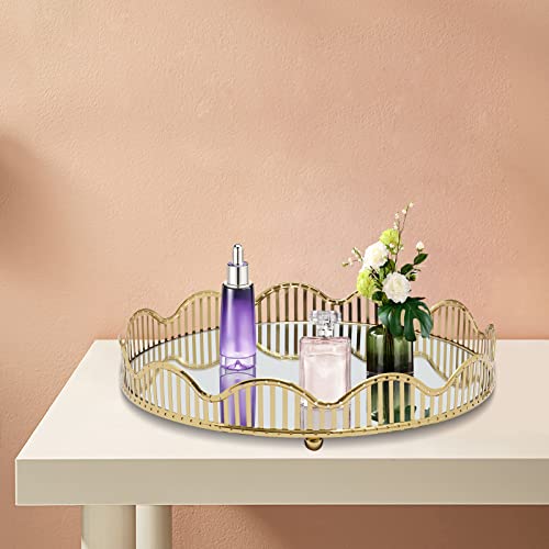 Gold Tray12.4 * 2.36 Glass MirrorCurve decorativeCenterpieces Perfume Holder Decorative Organizer and Storage Makeup Bathroom Tray Home Vanity for Dresser Coffee Table Bedroom Living Room (Round)