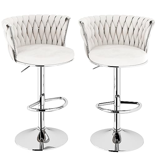 Image of Lamerge Velvet Bar Stools Set of 2, Modern Swivel Bar Chairs with Adjustable Height, Upholstered Kitchen Island Chairs, Beige