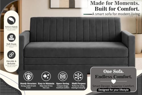 Image of 3-Seater Velvet Sofa Cum Bed with Armrests | Modern Convertible Sleeper Couch | Stylish Sofa Bed for Living Room, Bedroom & Office | Black