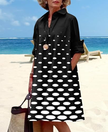 Women's Long Sleeve Shirt Dress Button Down V Neck Casual Midi Dress Printed Loose Fit Summer Dresses with Pocket3