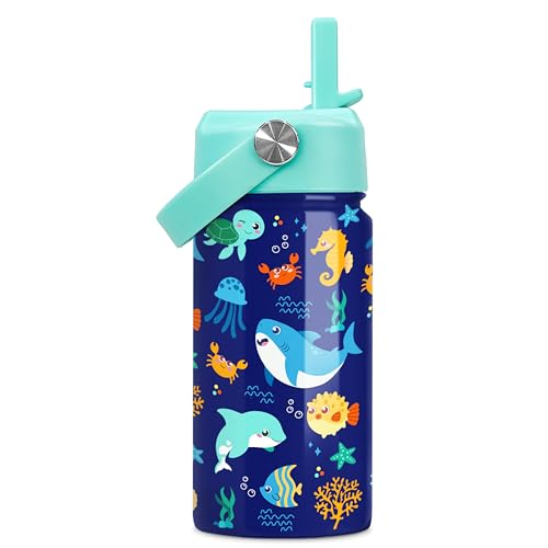Image of SANDJEST Kids Water Bottle with Straw Lid - 12 Oz Insulated Stainless Steel Ocean Water Bottles for Kid Boys Girls - Travel Cup for School Sports
