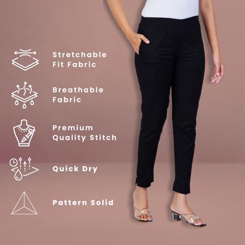 Image of Happy Bunny Cotton Blend Lycra Kurti Pants for Women, Soft 30% Stretch Full Length Trousers with Elastic Waist & Zip Pocket, Ideal for Office, Work, Casual, Home Wear Breathable Slim Fit