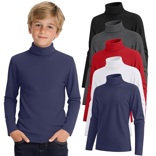5 Pack Boys Turtleneck Tops, Kids Long Sleeve T Shirts Turtle Neck Pullover Shirts Solid Color Warm Tees