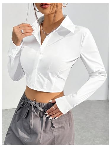 SweatyRocks Women's Solid Crop Button Up Shirt Collared Long Sleeve Fitted Blouses Tops3