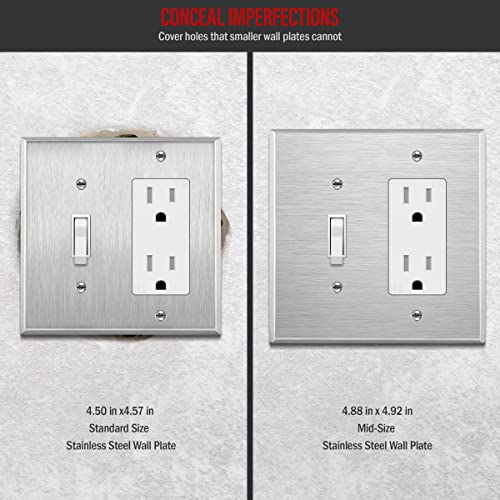 Image of ENERLITES Combination Toggle Light Switch or Decorator Switch Metal Wall Plate, Corrosive Resistant, Mid-Size 2-Gang 4.88 inch x 4.92 inch, 771131M, 430 Stainless Steel, UL Listed, Silver